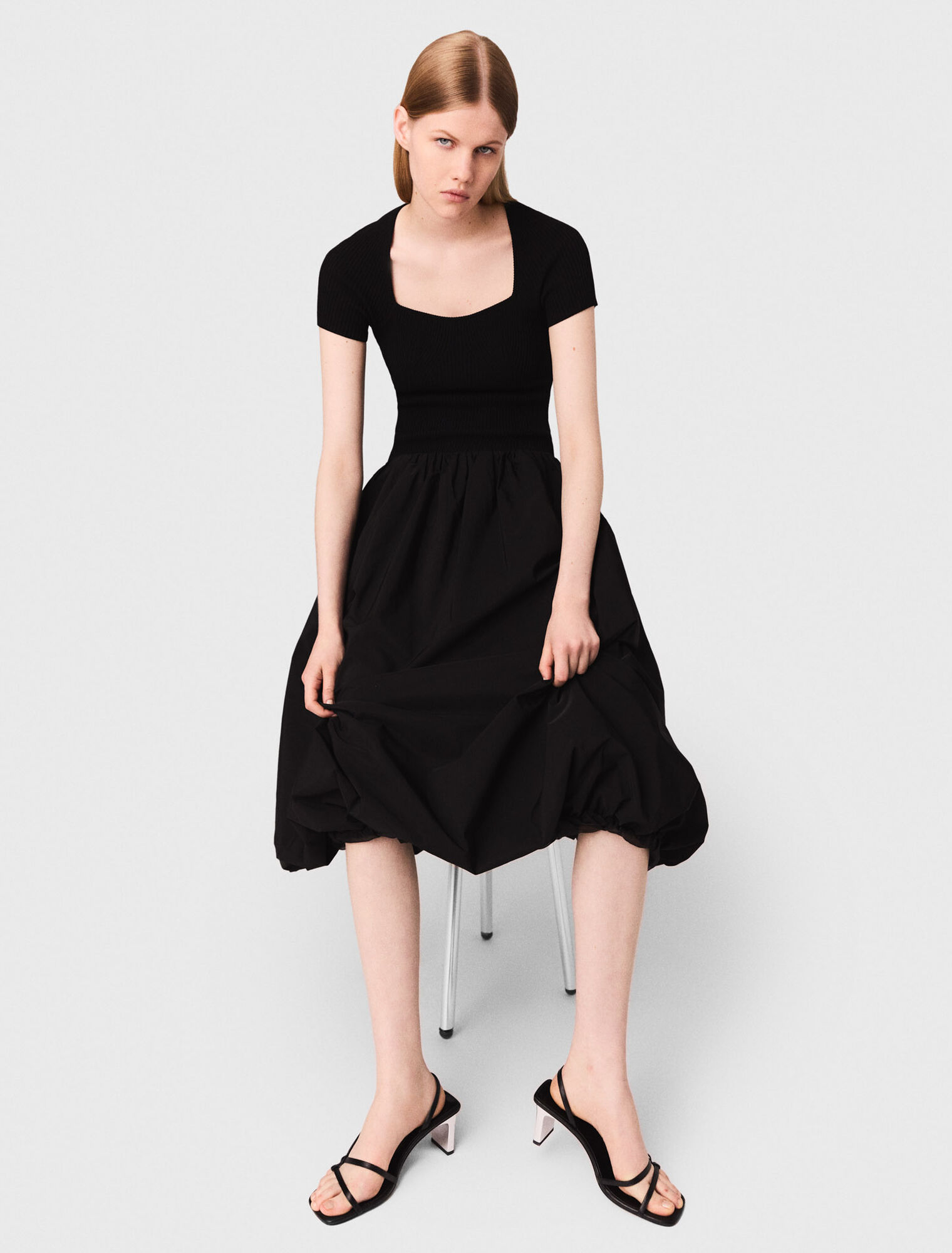 Long ribbed knit and taffeta dress