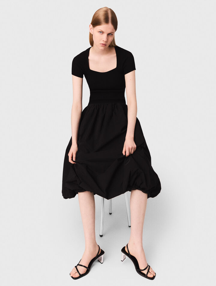 Long ribbed knit and taffeta dress
