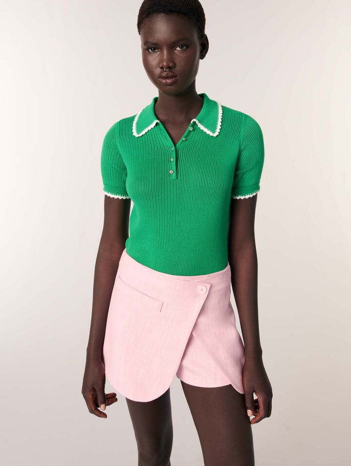 Pointelle knit crochet polo