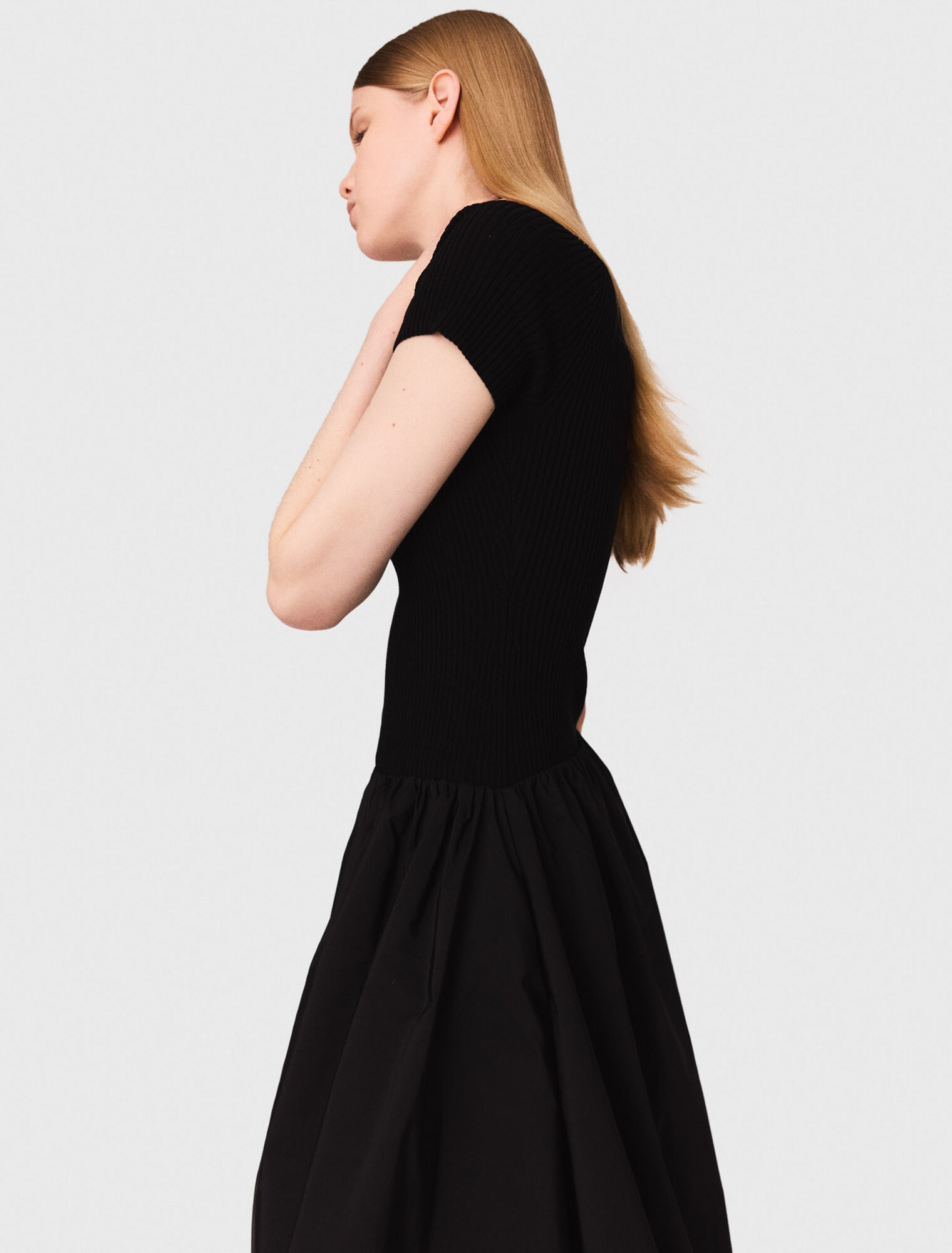 Long ribbed knit and taffeta dress
