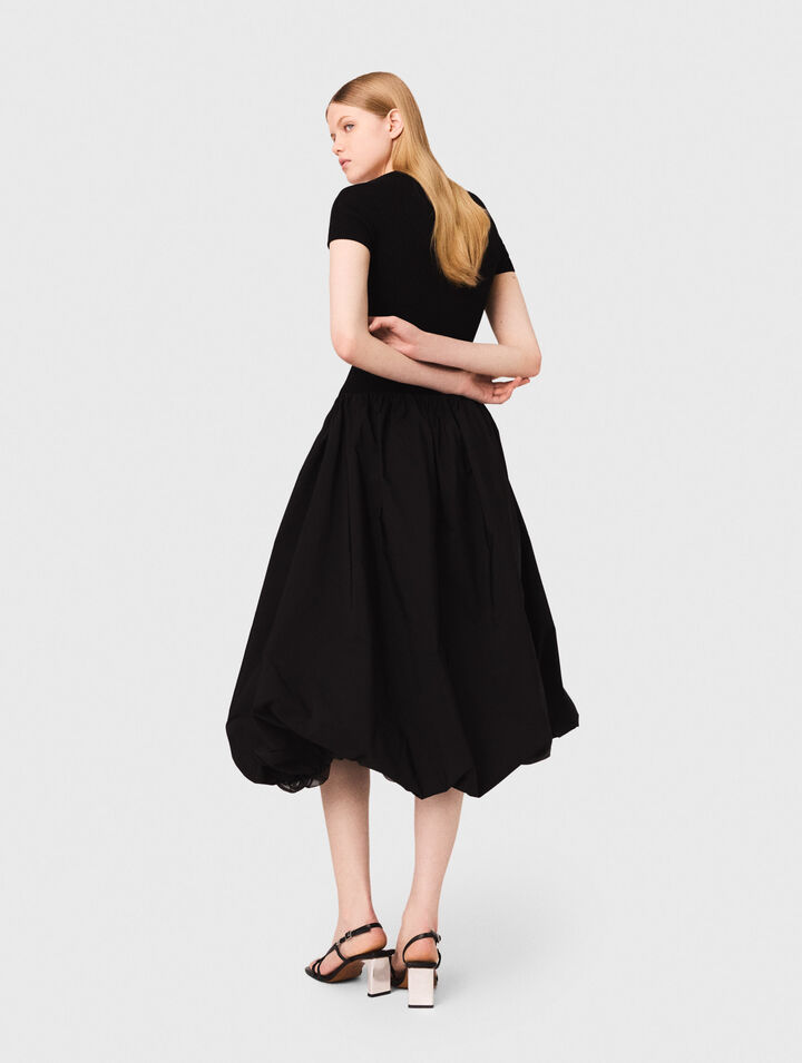 Long ribbed knit and taffeta dress