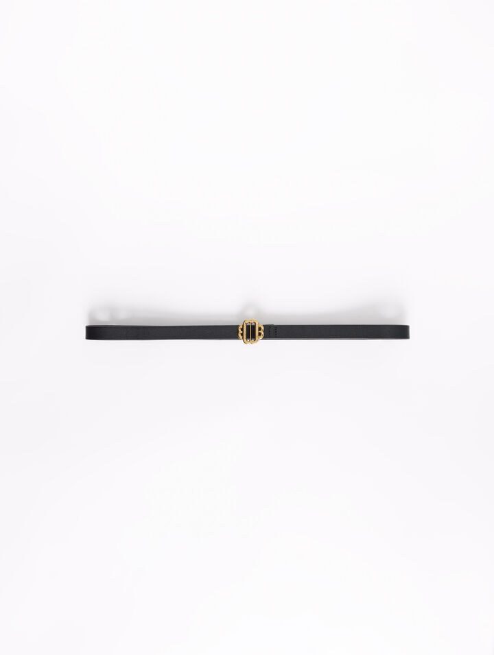 Narrow black leather belt gold buckle