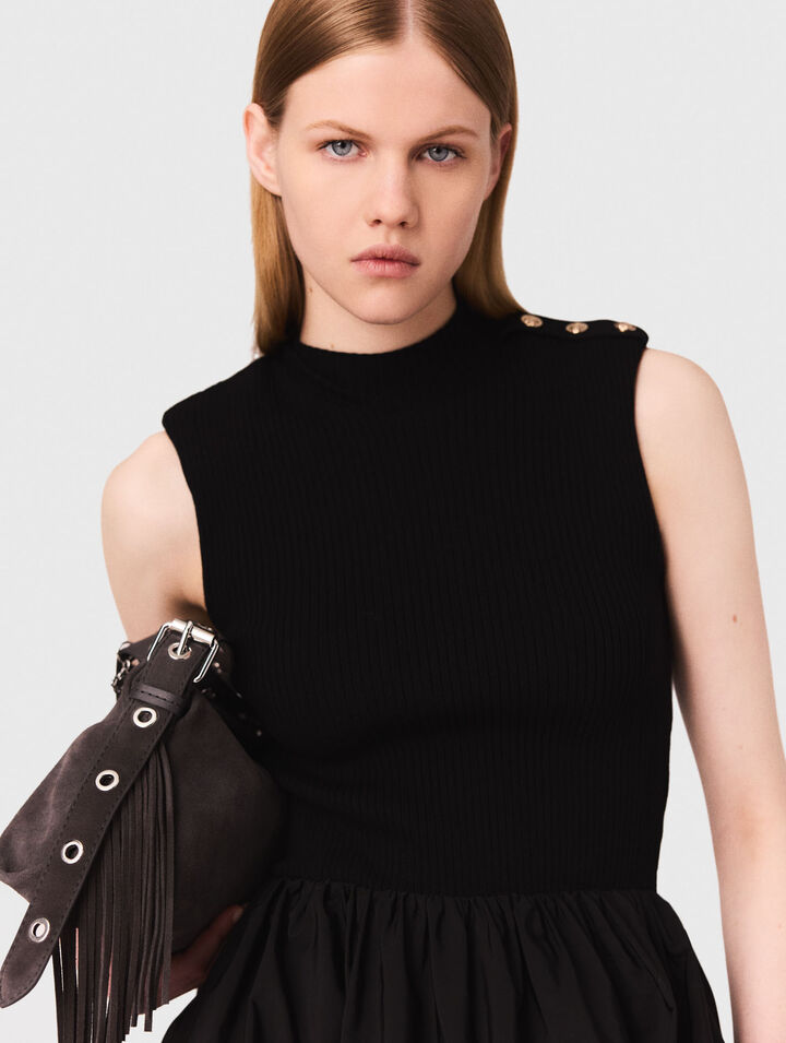 Mini ribbed knit and taffeta dress