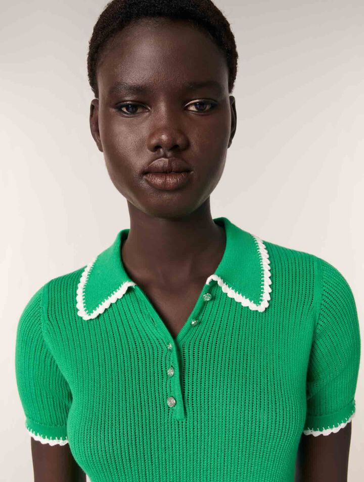 Pointelle knit crochet polo