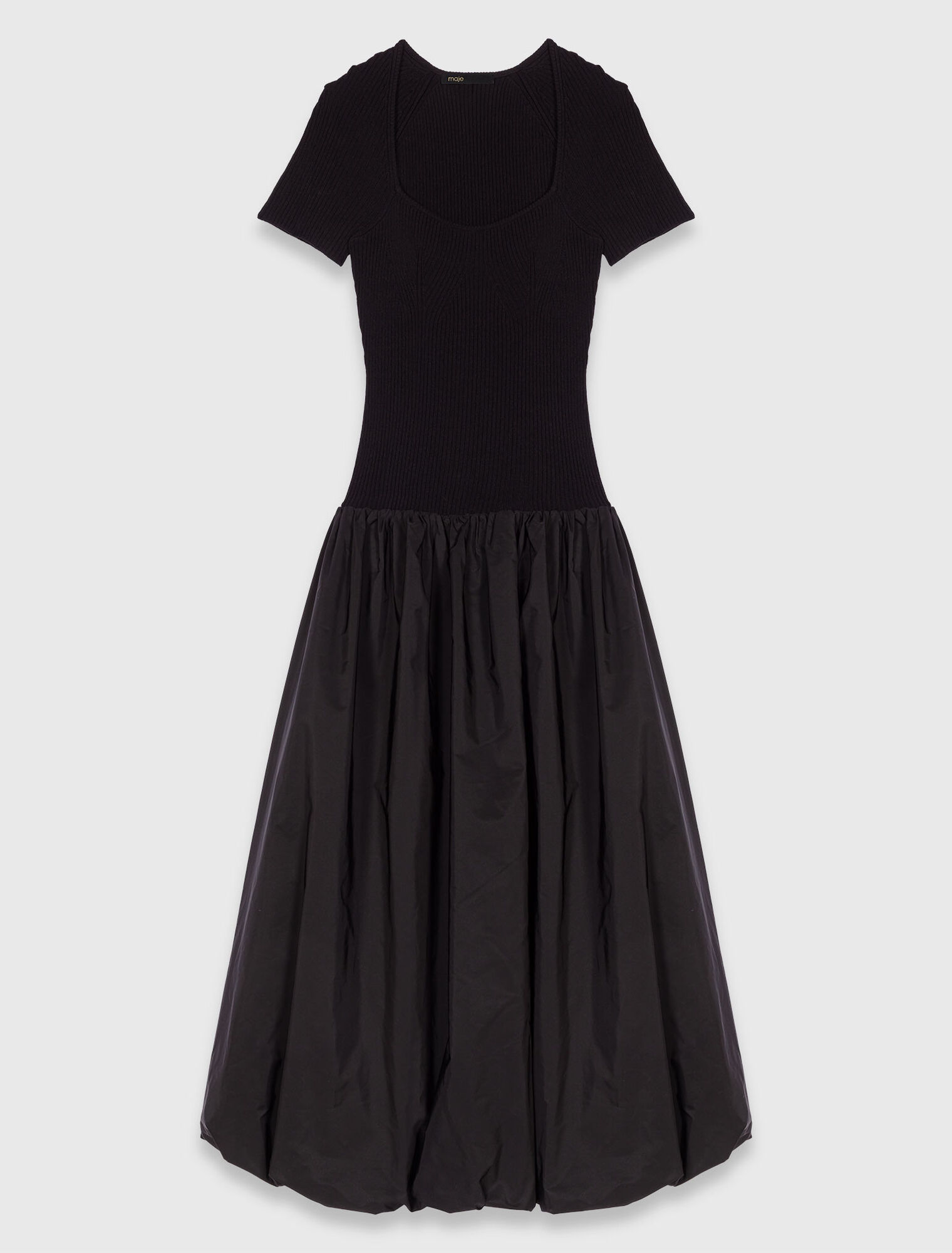 Long ribbed knit and taffeta dress