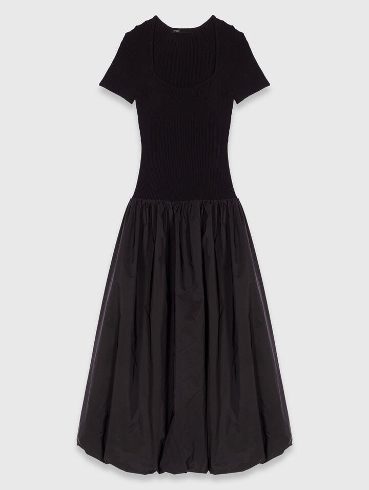 Long ribbed knit and taffeta dress