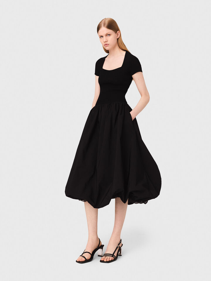 Long ribbed knit and taffeta dress
