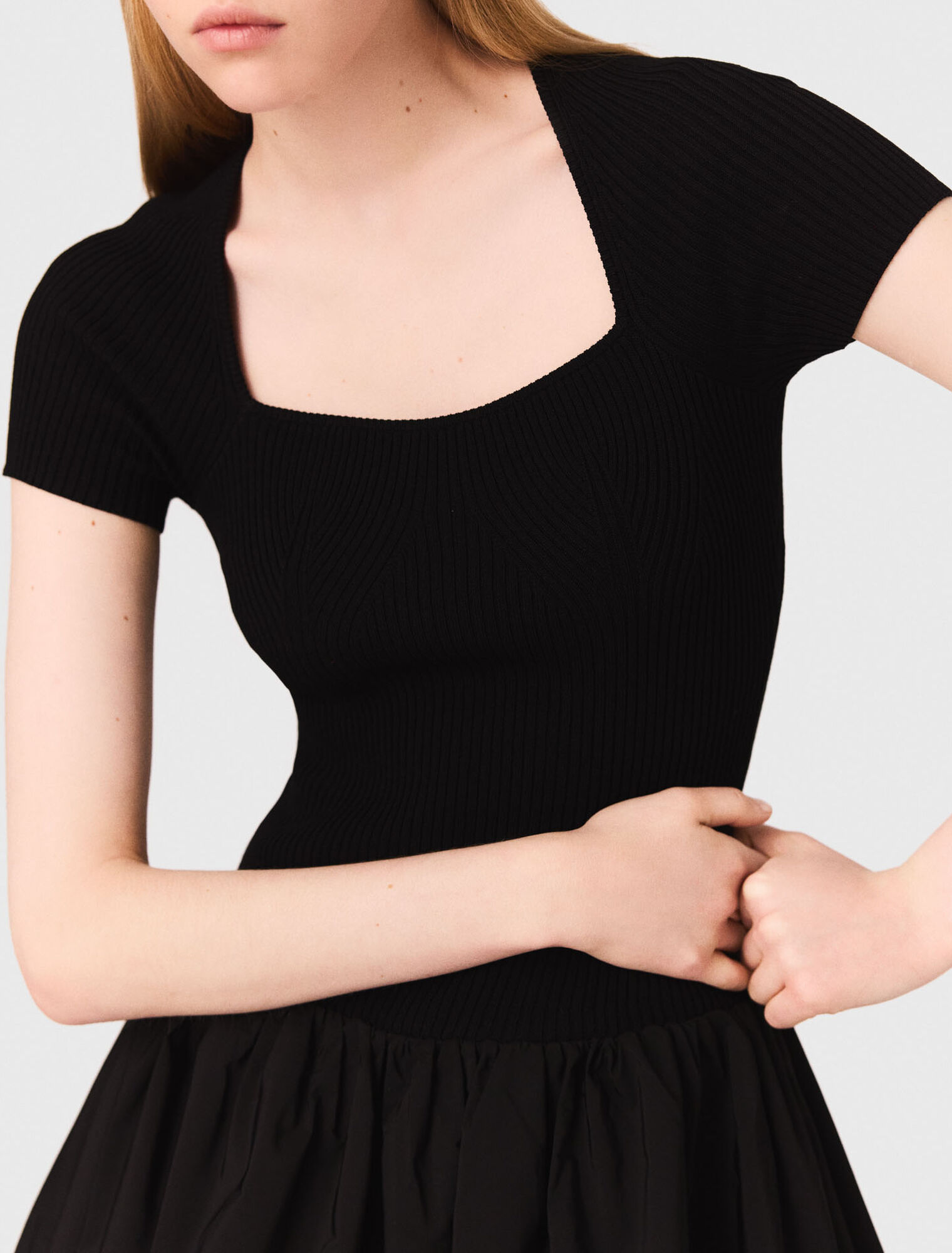 Long ribbed knit and taffeta dress