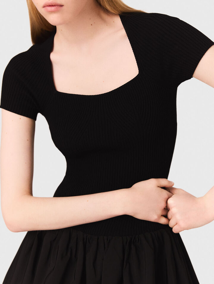 Long ribbed knit and taffeta dress