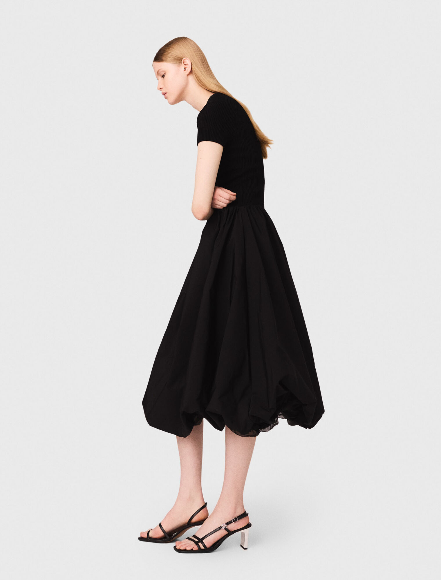 Long ribbed knit and taffeta dress
