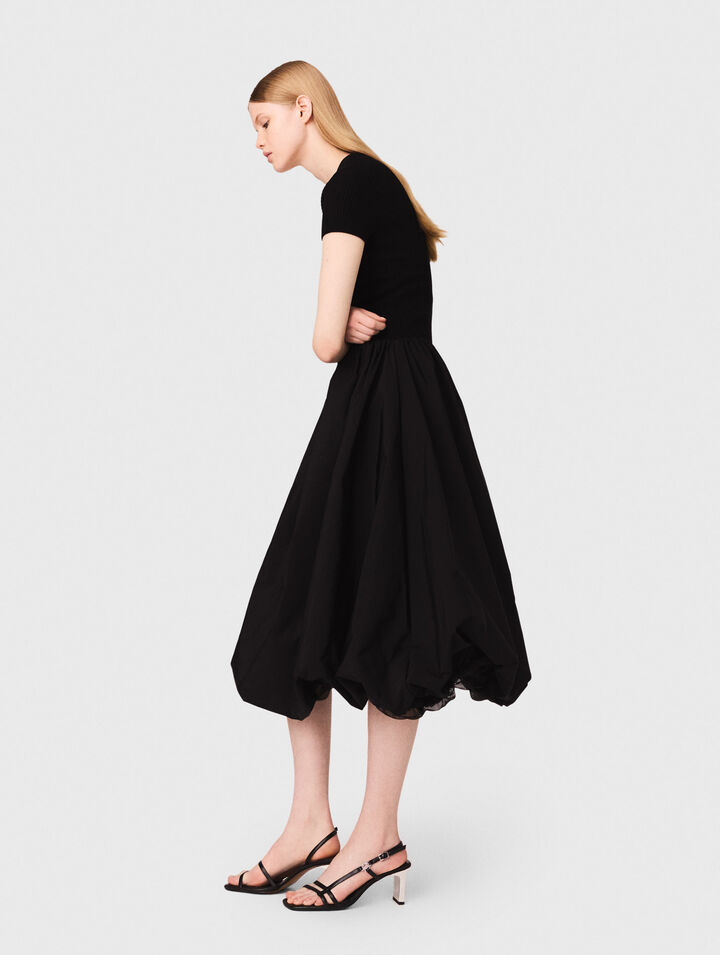 Long ribbed knit and taffeta dress