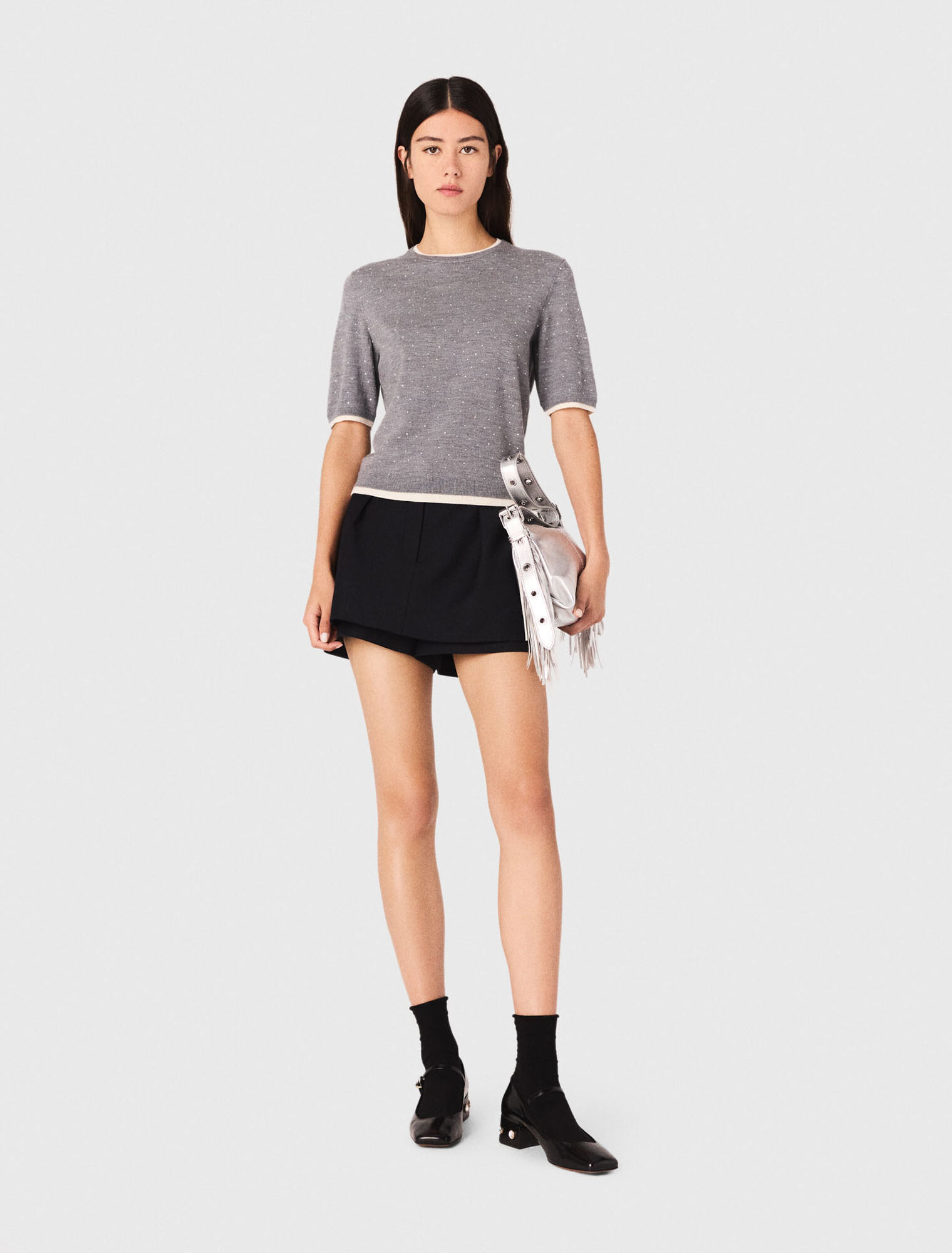 Rhinestone short-sleeve sweater
